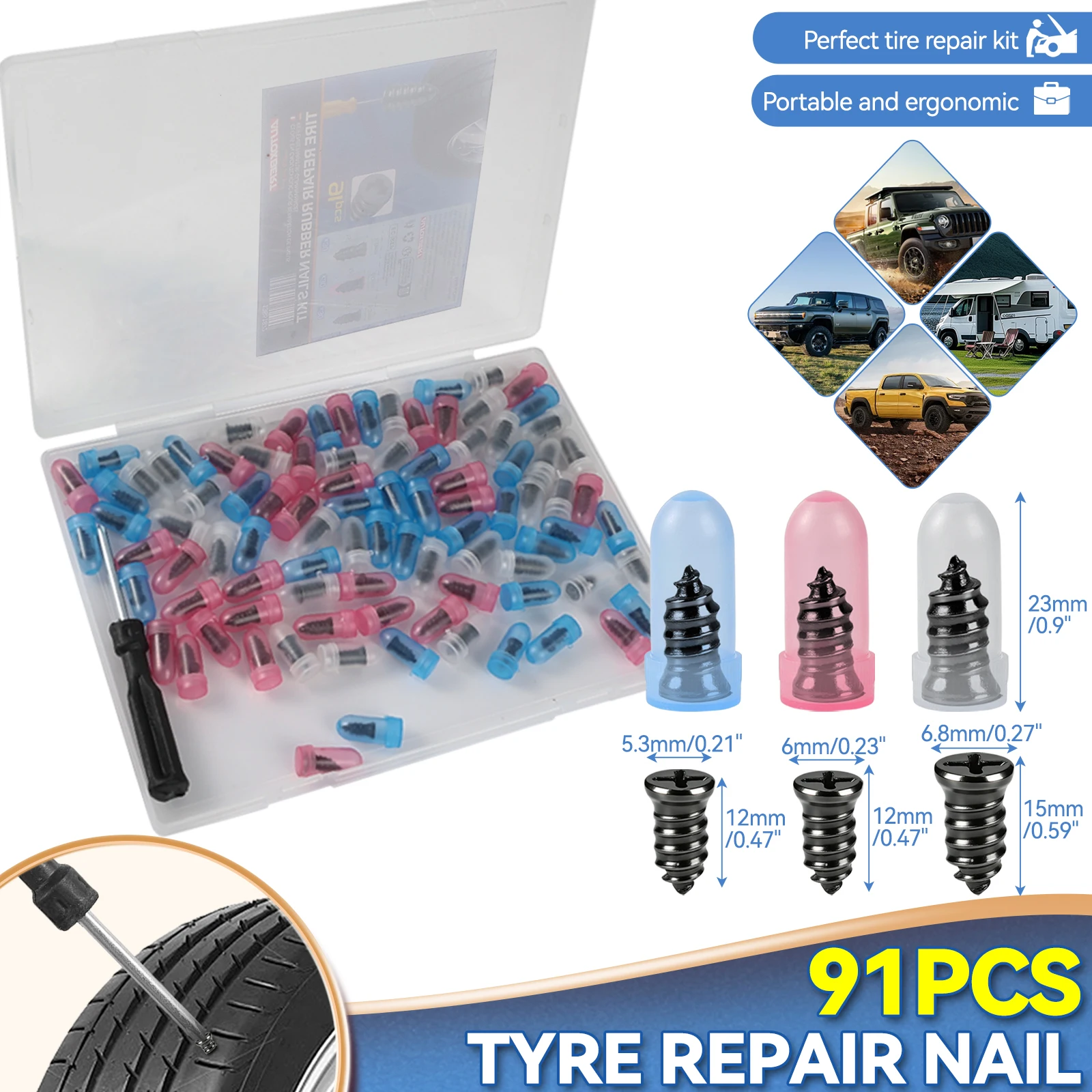 91x Universelle Vakuum-Gummireparaturnägel für Auto, Motorrad, Roller, schlauchlose Reifenreparatur-Set, kleberfreie Reifenreparaturnägel