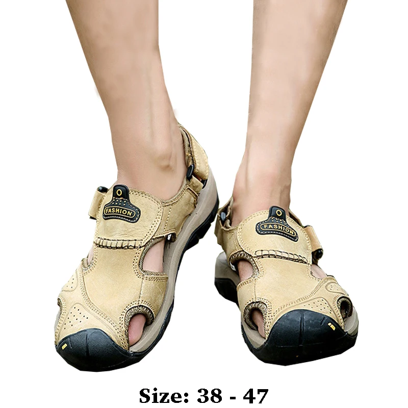 

High quality leather flat sandals for men round toes new summer 2025 size 38 47 casual outdoor walking big size shoe black brown