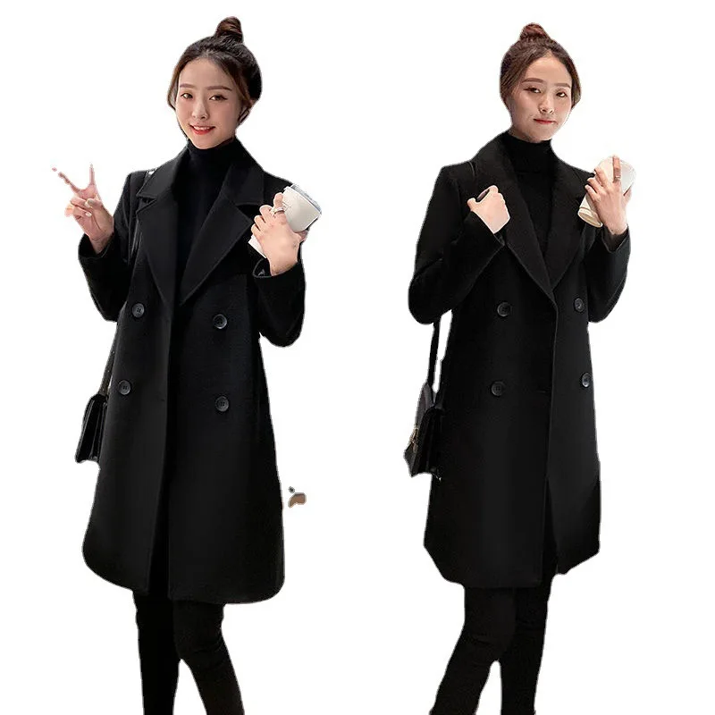 2023 Fashion Women Coat New Autumn And Winter Medium Length Thickened Black Korean Jacket Office Lady Regular Solid X-Long