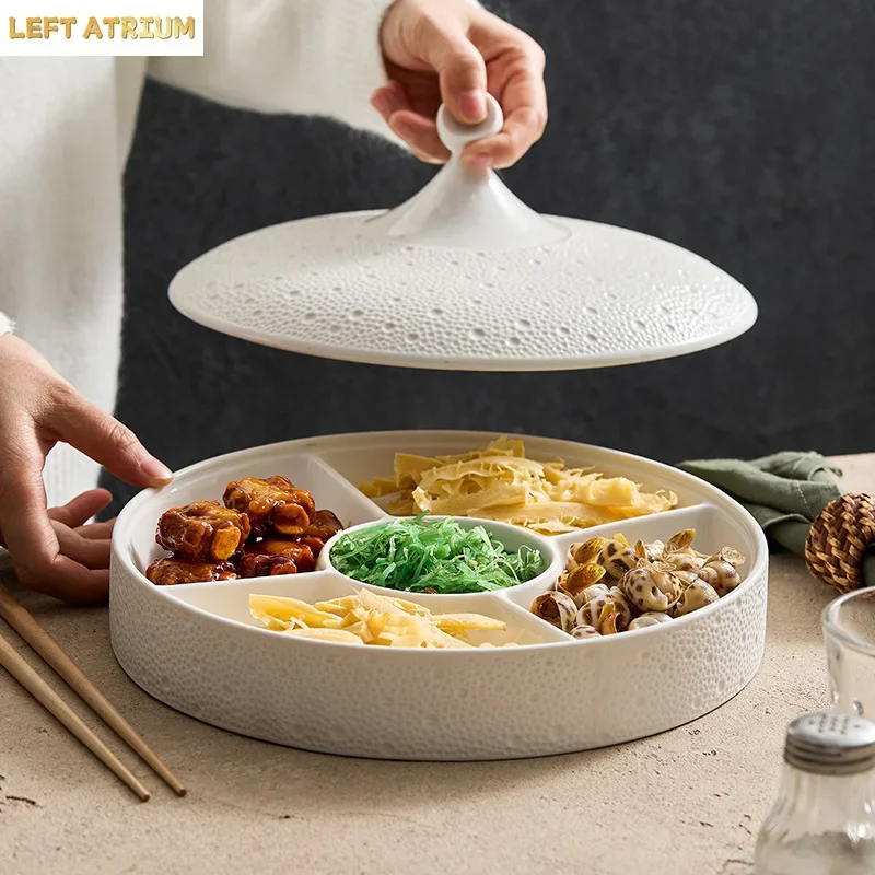 Grid Plate with Lid Hotel Tableware Appetizer Creative Premium Appetizer Dim Sum Ceramic Fruit Plate Home Accessories