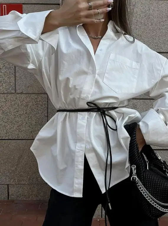 

Loose Women's Shirt Fashionable Classic Style Simple and Pure White Lapel Button Front Long Sleeved Shirt Suitable for Work