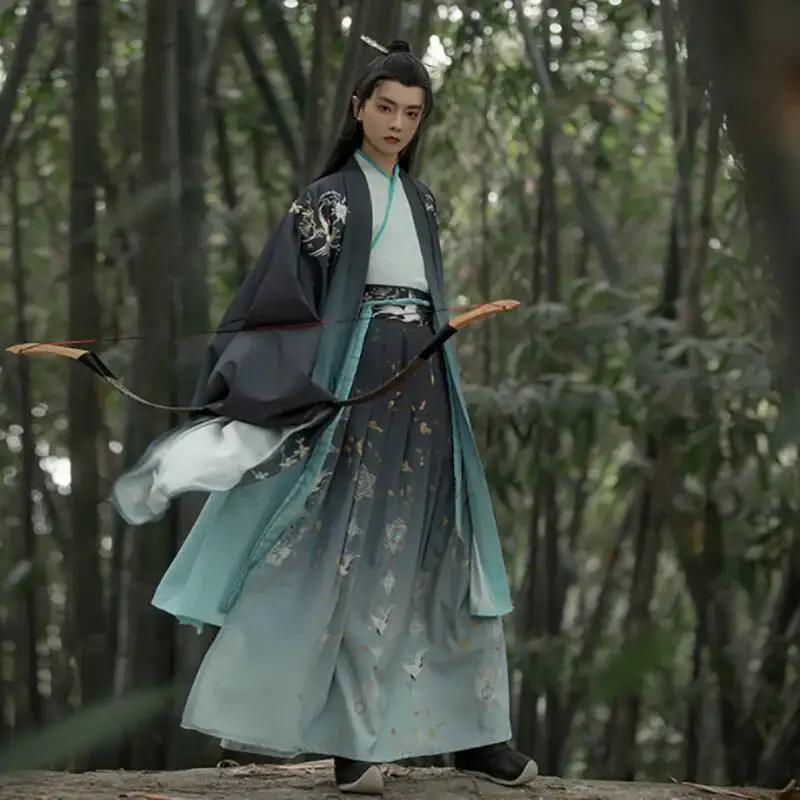 

Chinese Ancient Hanfu Men Halloween Archers Cosplay Costume Hanfu Gradient Green Shirt+Skirt+Coat Sets For Men Plus Size 2XL