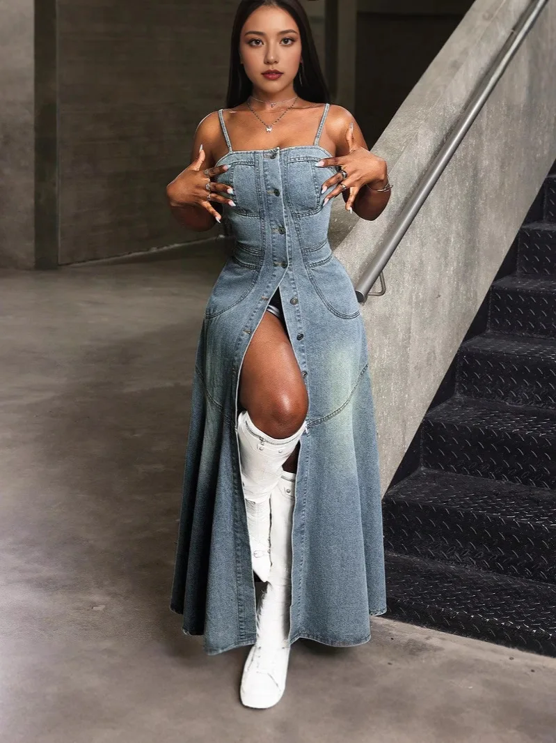 Vestido jeans feminino midi comprimento botão frontal em camadas babados vestido casual cor sólida sem mangas sexy vestido maxi com divisão alta