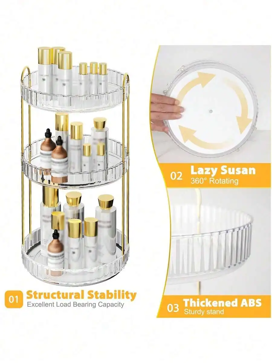 

3-Tier 360 Degree Rotating Makeup Organizer With ABS Stand For Cosmetics And Brushes