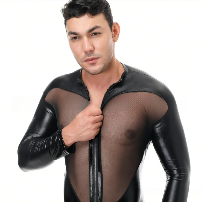 2025 Body de lingerie masculina europeia de látex e malha |   Traje fetiche de painel transparente para apresentações de palco e eventos adultos