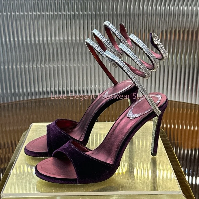 

Purple Suede Rhinestone Decor Snake Shaped Sandals Women Open Toe Hollow Slingback Thin High Heels Luxury Sexy Party Prom Shoes