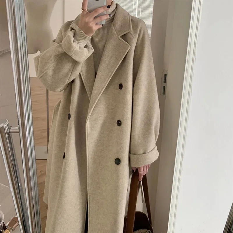 

SuperAen Korean Style Solid Color Loose Long Coats for Women Autum and Winter New Vintage Double Breasted Wool Coats