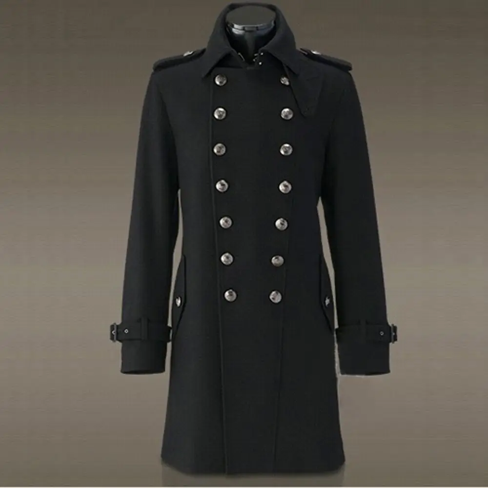 Vintage Woolen Coat Men's Winter Double-breasted Mid-length Overcoat for Cosplay Stage Performance