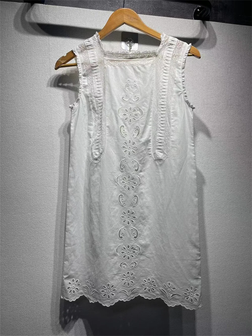 Linen Cotton Blend Women Lace Mini Dress Sleeveless Embroidery White A-Line O-Neck Casual Ladies Summer New 2024 Tank Dress