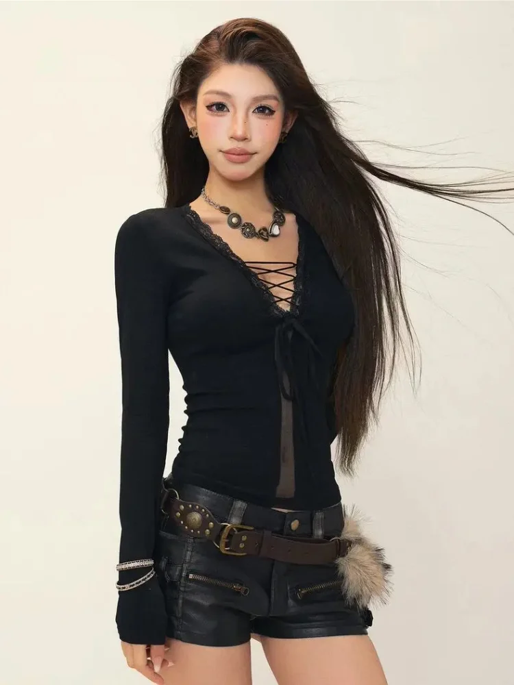 Sexy Lace Bandage V Neck Long Sleeve T-shirts Women Temperament Slim Fit Crop Top Korean Chic Simple Y2k Aesthetic Tees