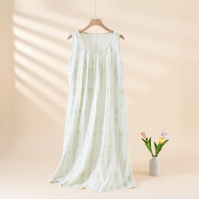 

2025 Summer New Women's Sleeping Skirt Bamboo Fiber with Chest Mat Long Skirt Simple Thin Loose Sleeveless Tank Top Skirt