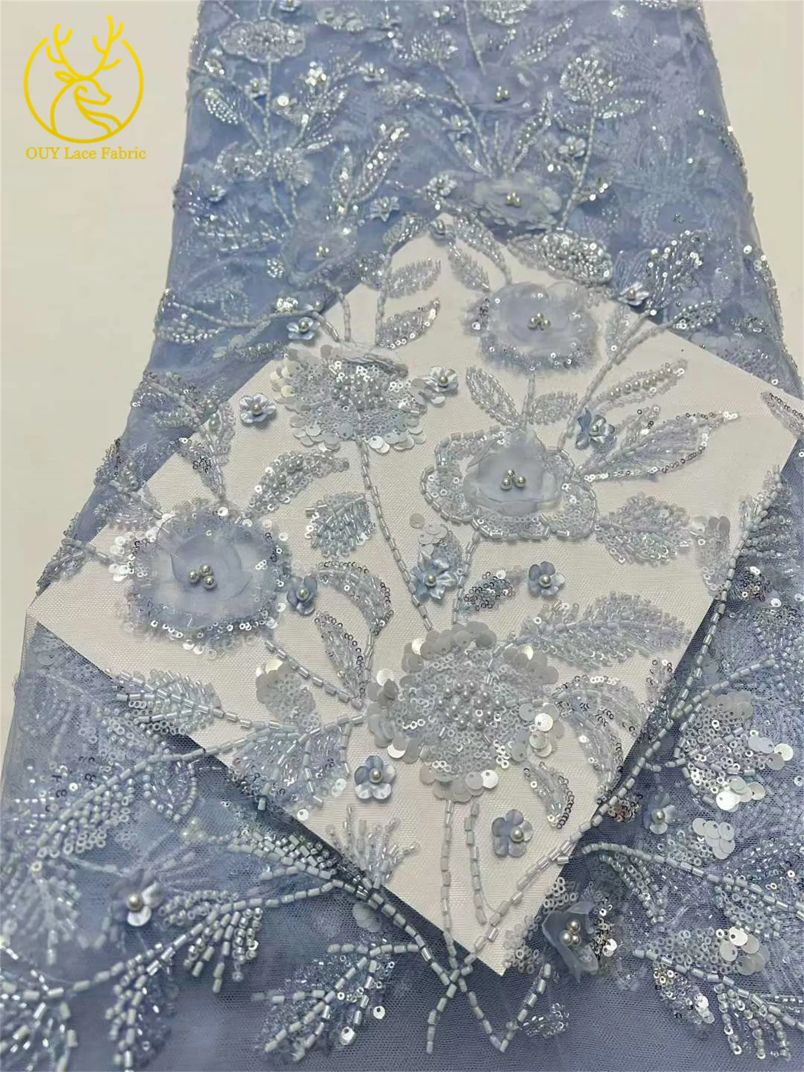 Afrikanischer 3D-Blumen-Handperlen-Spitzenstoff 2026 Hochwertiger Französischer Stil Nigerianischer Pailletten-Spitzenstoff Ideal für Partykleider – Detail 15