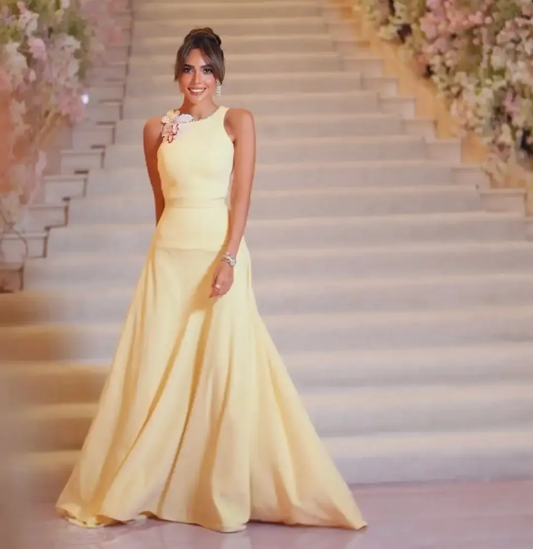 ชุดราตรีสีเหลืองอ่อนหรูหรา คอทรงโอ แขนกุด ประดับลูกปัด ผ้าชีฟอง สำหรับงานเลี้ยง งานพรอม งานประกวด งานวันเกิด