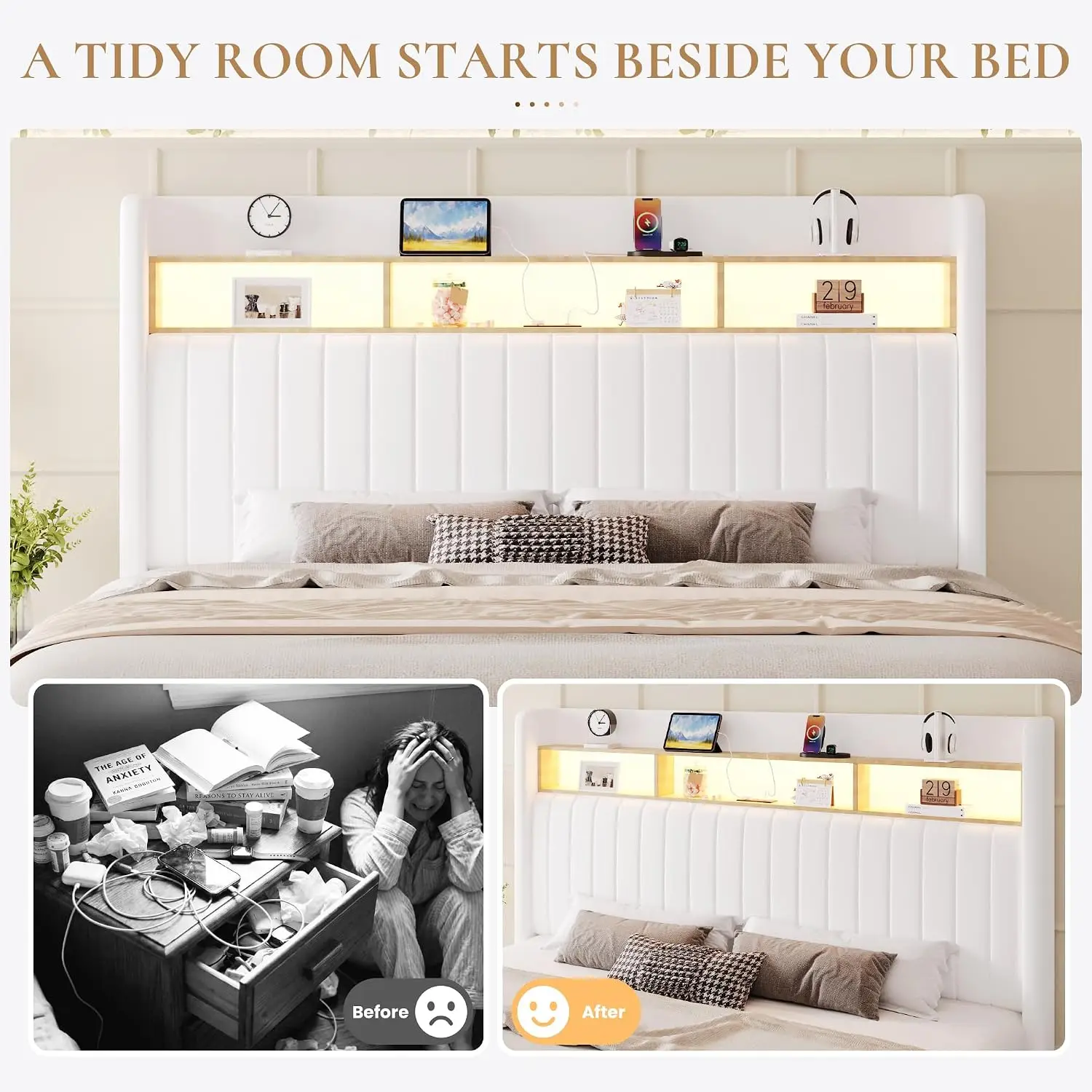 Queen Size Platform Bed Frame / 2-Tier Storage Shelf/Velvet Wingback Upholstered Headboard/LED Lights and Charging, Customized - view 5