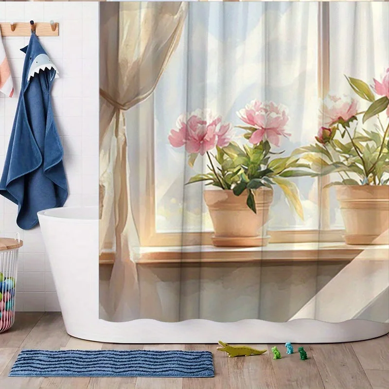 

Floral Window Shower Curtain Polyester Printed Home Decor Garden Theme Interior Design Light Style