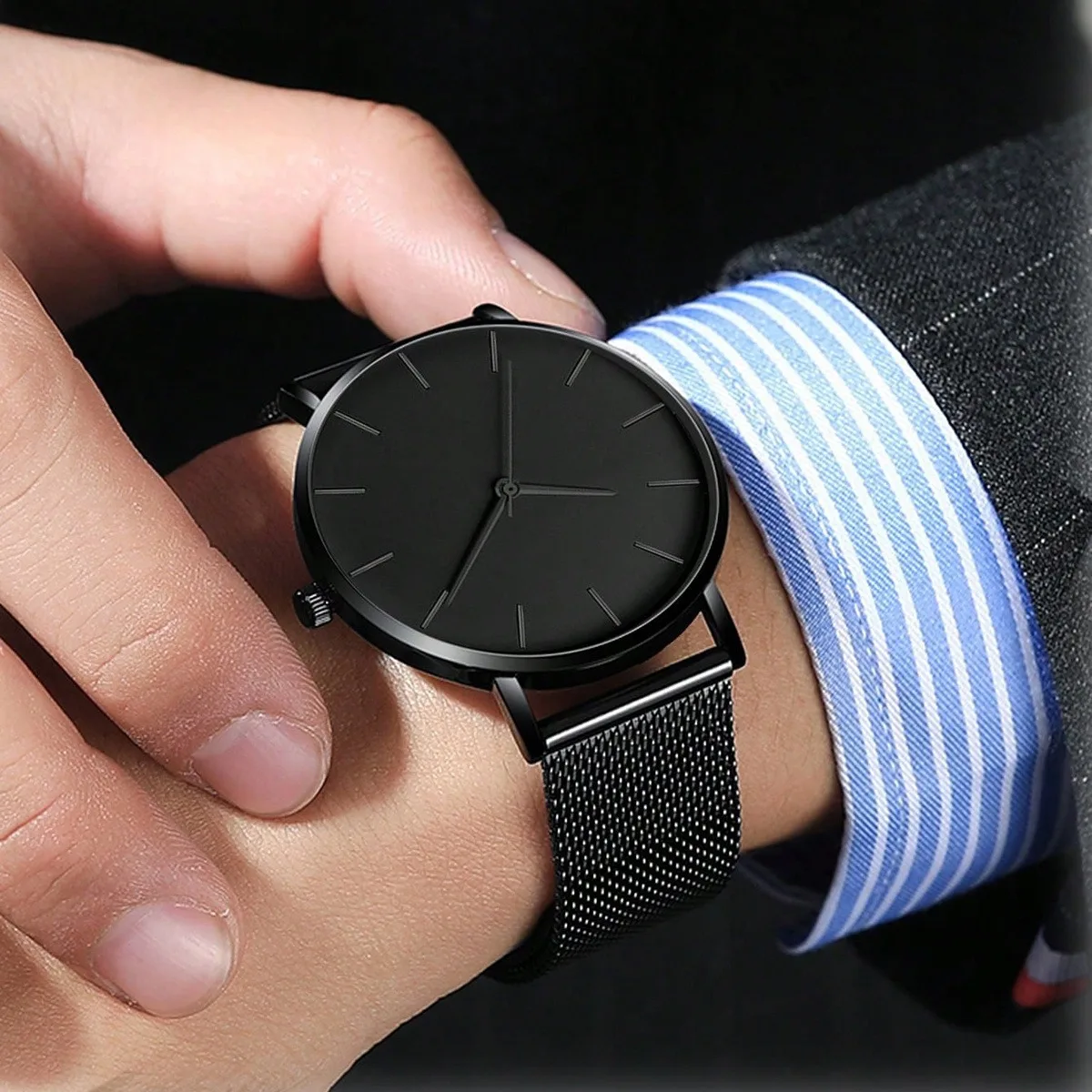 DEYROS 4 Pieces/Set Stylish Casual Men's Quartz Watch Black simple round men's watch for friends and as a birthday gift