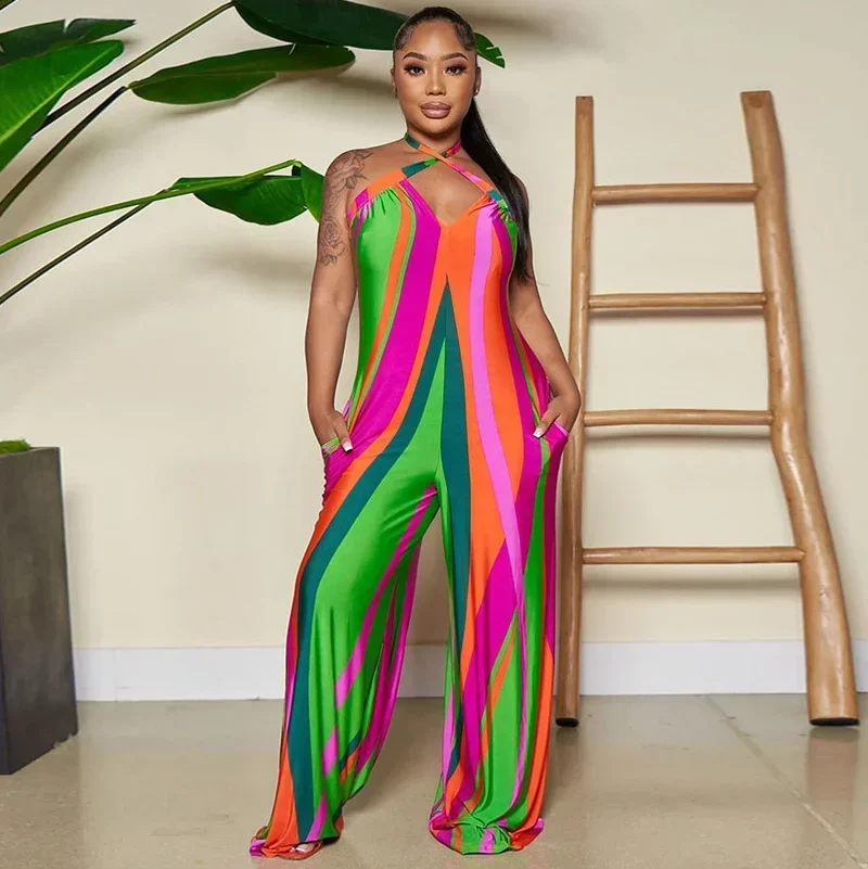 

GUWU Colorful Print Halter Backless Wide Leg Romper Women Jumpsuit Loose Hollow Out Sexy One Piece Overalls
