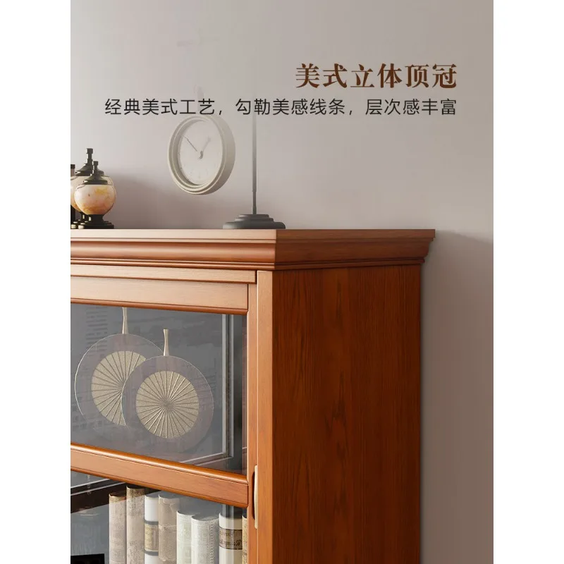 American solid wood bookcase with glass door dust-proof household retro display cabinet living room floor sliding door bookshelf