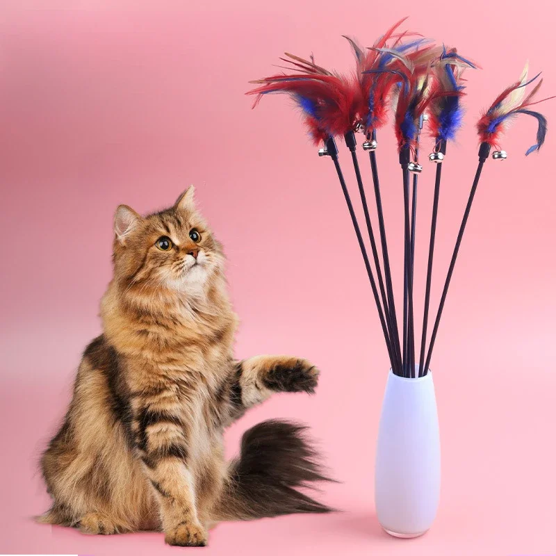 65CM Cat Toy Funny Kitten Teaser Interactive Stick With Small Bell Feathers Playing Rod Pet Wire Chaser Wand Random Color