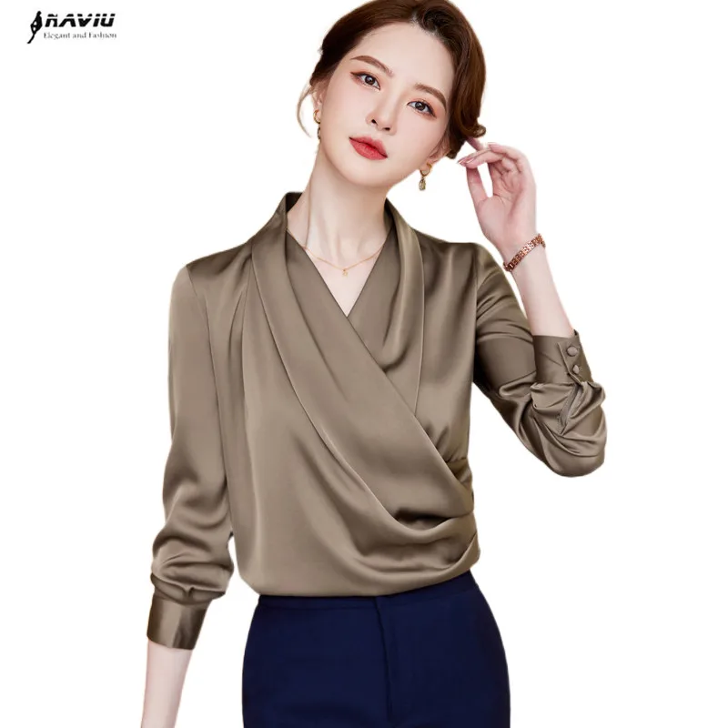 Coffee Acetate Satin Shirt Women Autumn 2022 New Design V Neck Fashion Temperament Formal Blouses Office Ladies Work Tops