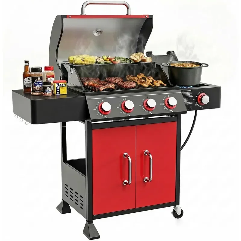 4 Burner Propane Gas Grill Outdoor 56000 BTU with Side Burner Red