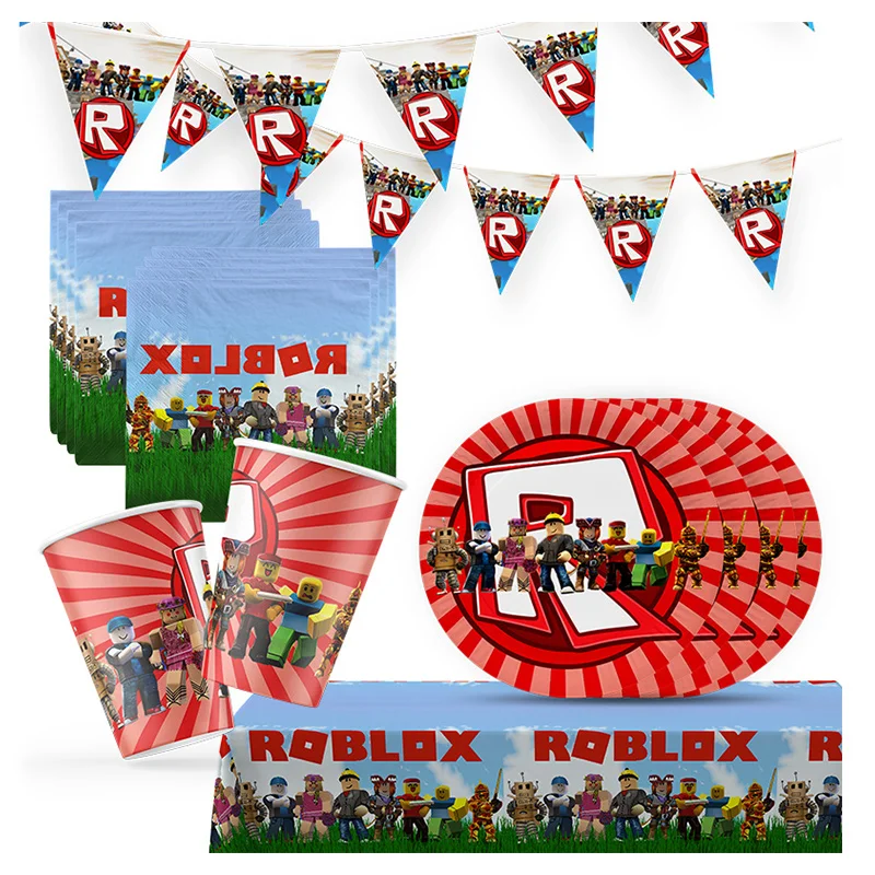 Roblox Boys Theme Disposable Tableware Set Birthday Party Paper Plates Cup Napkin Tablecloth Decoration Packing Banner Supplies