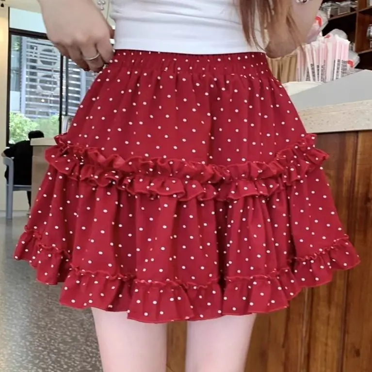 Sweet Floral Dot Ruffle Skirt Set Women 2025 Summer New Fashion Slim A Line Skirt
