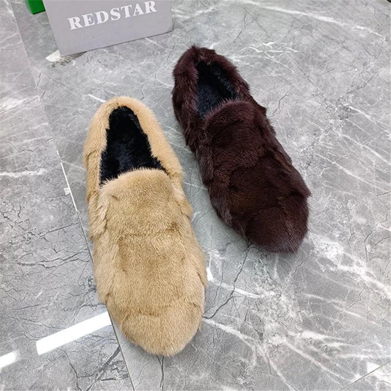 Green Real Mink Fur Women Flats Slip-on Loafers Casual Espadrilles Female Walking Driving Shoes Thick Sole Platform Moccasins