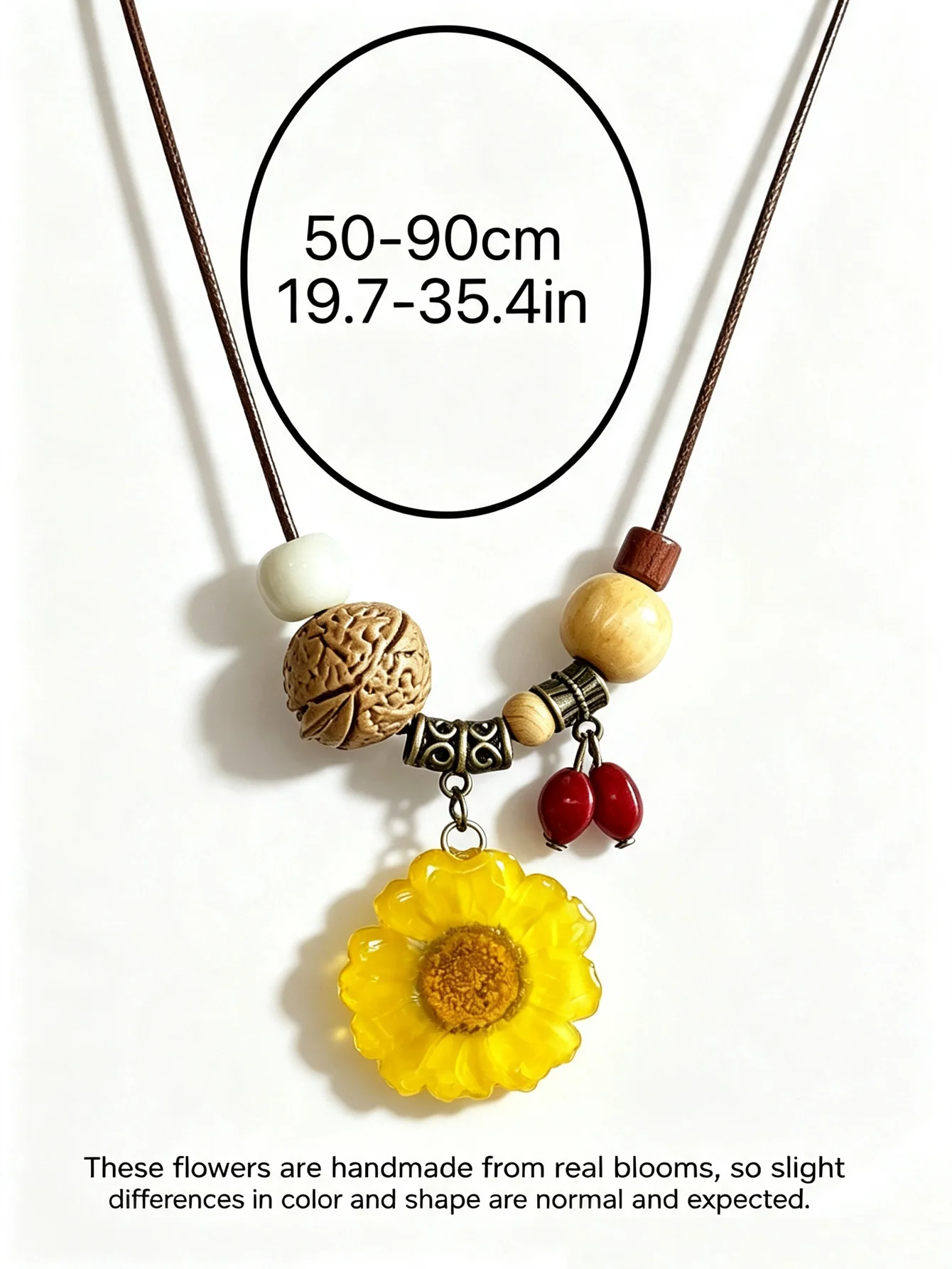 MOJOY Novelty Design Yellow Daisy Flower Resin Casting Process Walnut Beads Pendant Necklace Women Literary Style Neck Chain