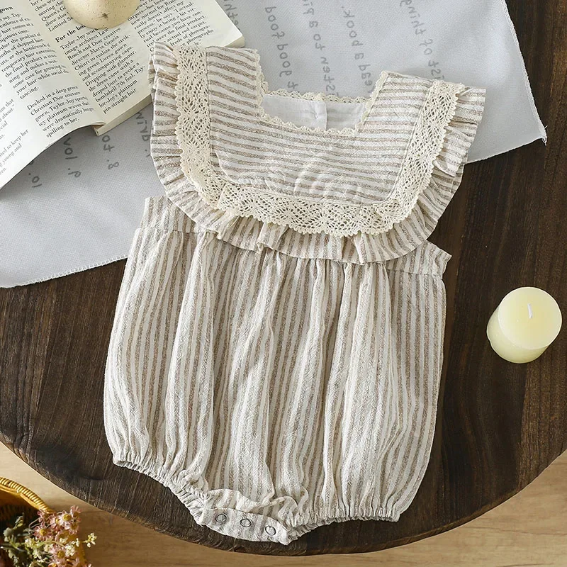 

2025 New Summer Korean Style Climbing Suit Short Sleeved Cotton Stripe Newborn Baby Girls Romper 0-24M Children Clothes
