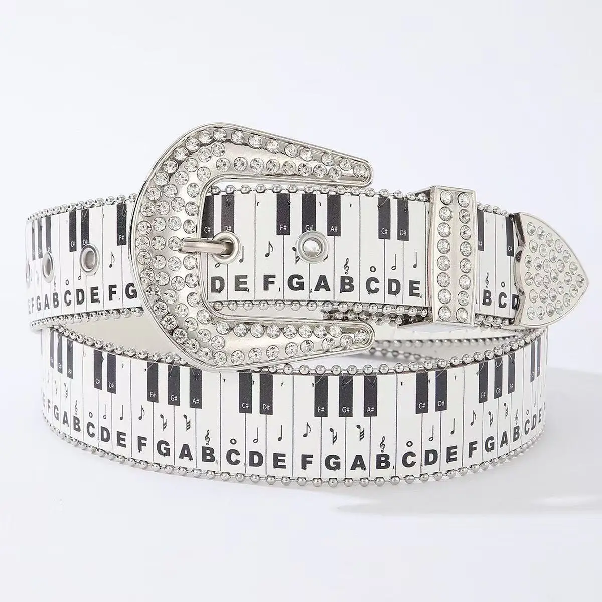 Women's Piano Key Note Print Rhinestone Belt Y2K Sparkly Punk Harajuku PU Leather Waistband Adjustable Studded Belt for Jeans
