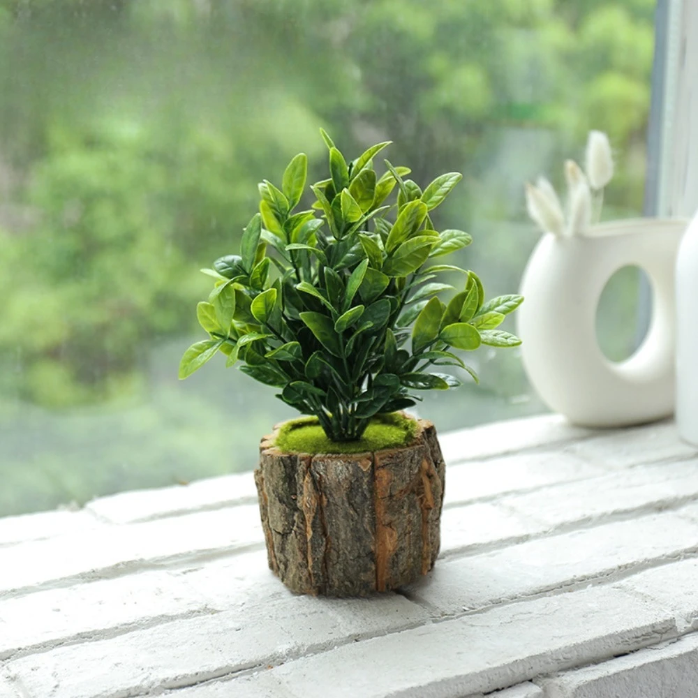 2pcs Wooden Flower Pot Simulation Plant Small Bonsai Ornament Artificial Flower Pot Simulation Green Plant