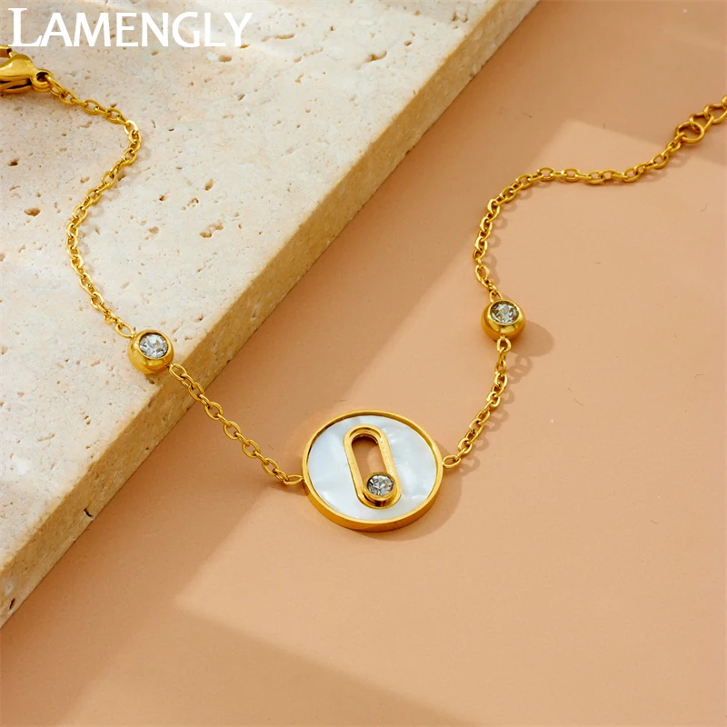 

LAMENGLY 316L Stainless Steel Circle White Shell Inlay Creative Movable Bead Zircon Bracelet Women New Trend Wrist Chain Gifts