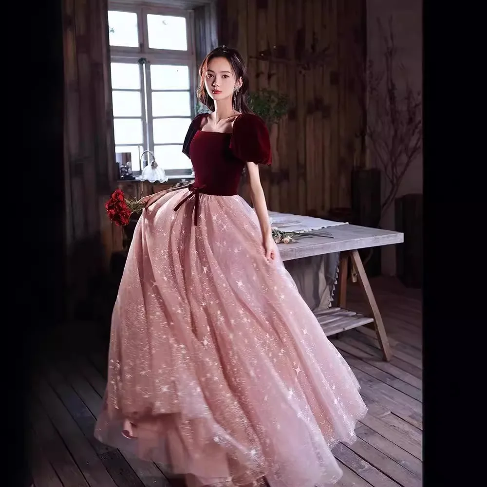 Samt Patchwork Tüll Abendkleid einfache quadratische Kragen Prinzessin Puff ärmel Ballkleid rücken freie Schnürung Bogen Abschluss kleider