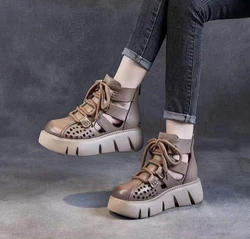 Summer New  Sandals Women's Leather Empty Ankle Boots Muffin Thick Sole Roman Hole Cold Boots Luxury Sandals