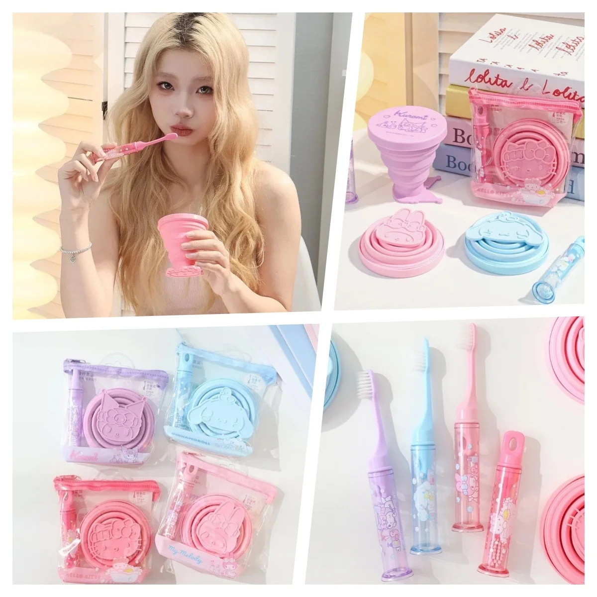 

Sanrio Hello Kitty Folding cup wash set two-piece portable Portable travel toothbrush mouthwash cup Silicone Toiletry Water Cup
