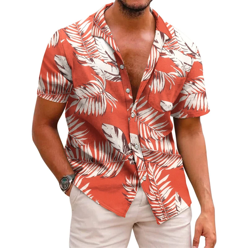 Camicia da uomo modello stampato risvolto estivo a righe a maniche corte hawaiano vacanza quotidiana traspirante casual e confortevole