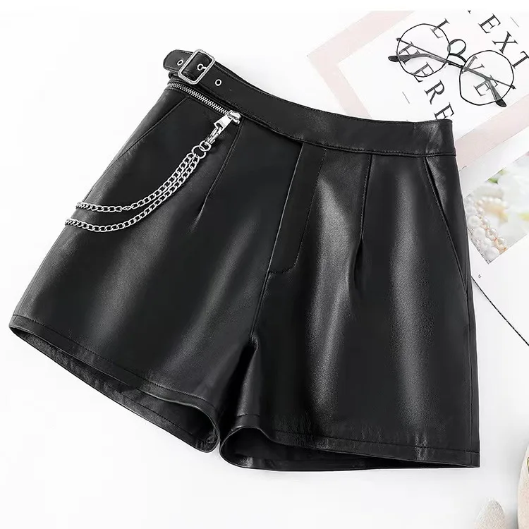 

2023 New Leisure Motorcycle Chain Decoration Oblique Pocket Real Sheepskin Wide Leg Leather Shorts E37