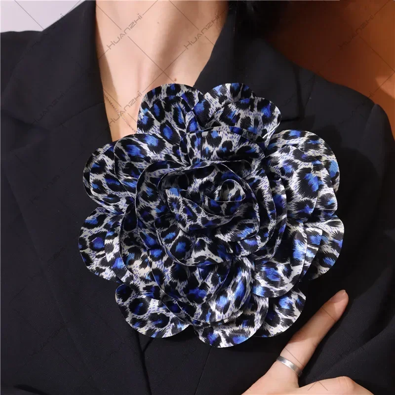 French Satin 19cm Brooch Fabric Exaggerated Leopard Print Large Flower Pins Handmade Flower Clothing Accessory Corsage