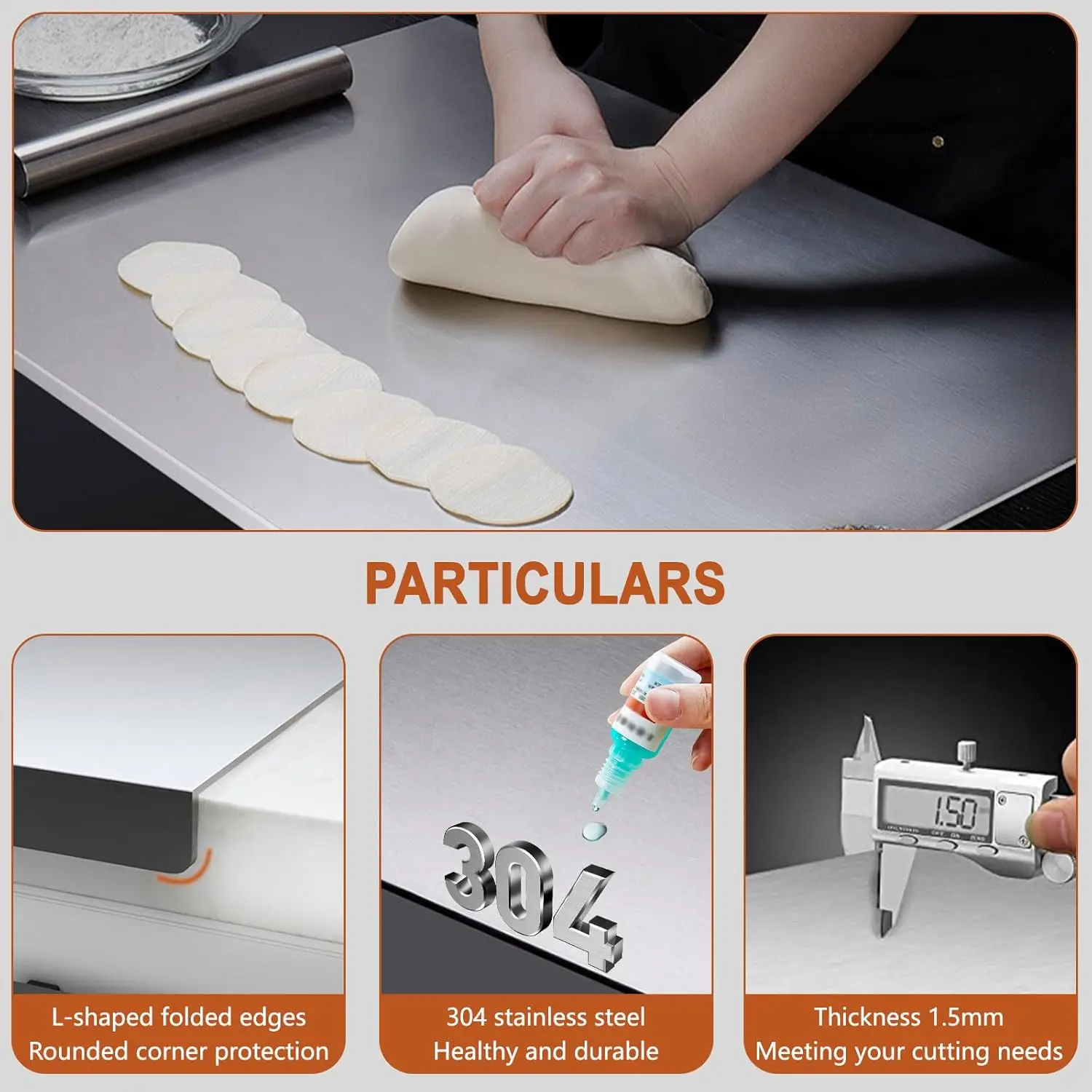 Tábua de corte de aço inoxidável 304 com almofada antiderrapante, tábua de cortar de cozinha grande para carnes e frutas, fácil limpeza