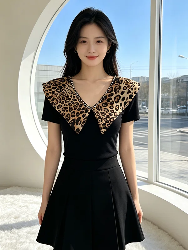 Slim Fit V Neck Splice T Shirt Rhinestone Casual Style Summer New Design Sense Top Trendy Small Shirt Elegant Atmosphere
