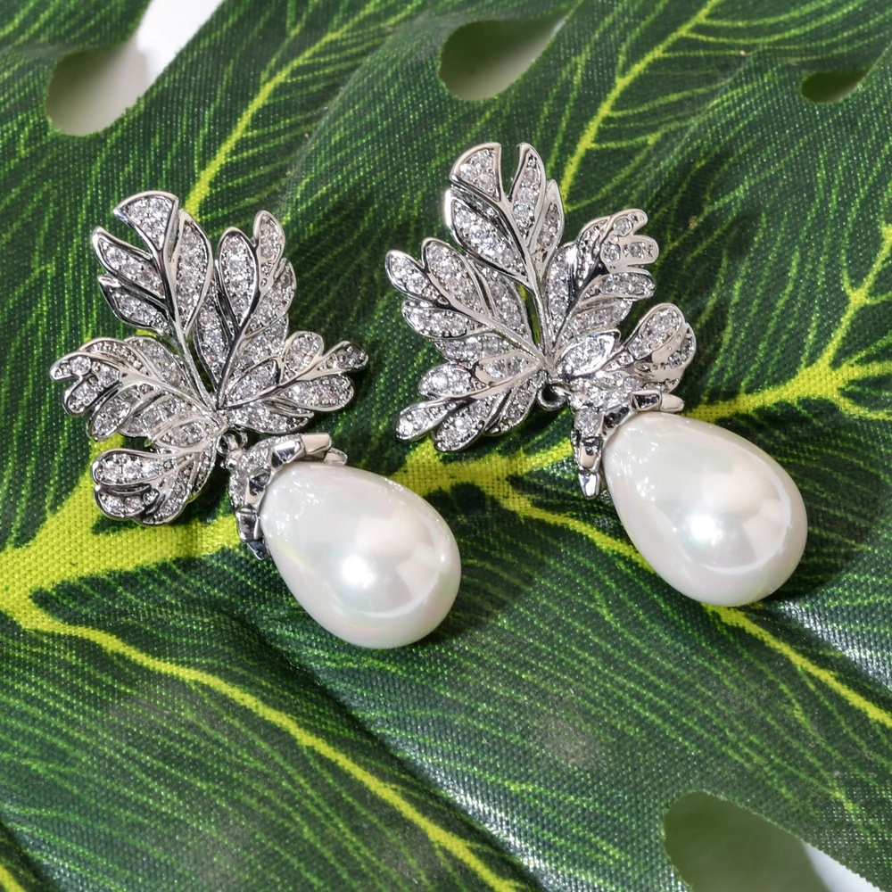 New Fashion Temperament Elegant Leaf Drops Pearl Zircon Earrings for Women/Girls New Bride Jewelry Gifts ER-639