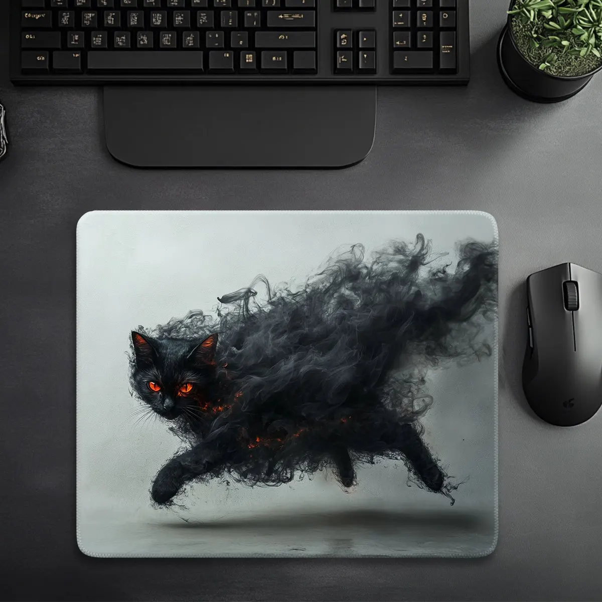 

Smoke-effect game mousepad features a jumping cat and glowing red eyes. It is anti-slip washable, making it suitable for office