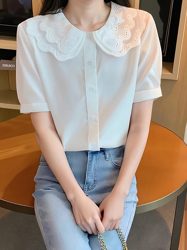 

White ort Sve Lace irt Women's Loose Doll Collar Summer New Sle Japanese Design Breathable Cotton Polyester Blend