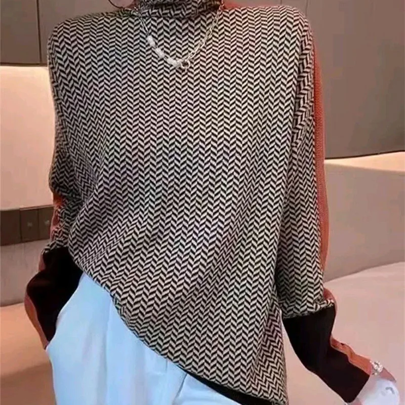 New Autumn and Winter Women's High Neck Color Blocked Houndstooth Sweater, Fashionable and Versatile Pullover Knitted Sweater