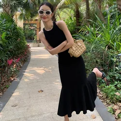 Black Sleeveless Dresses Women Mid-calf Slim Fit Trumpet Hip Wrapped European Style Sexy Elegant Summer Temperament Gothic Chic
