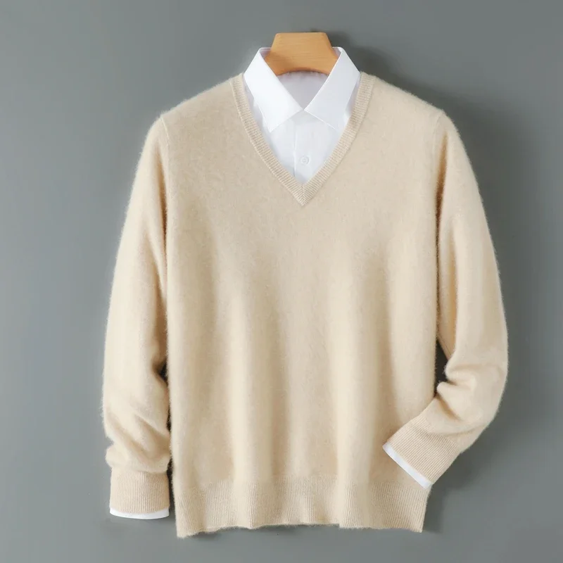 Business Clothes Men's Sweater Pullover 100% Merino Wool Autumn Winter Sweater Knitted V-Neck Casual Soft Inside Join Formal Top