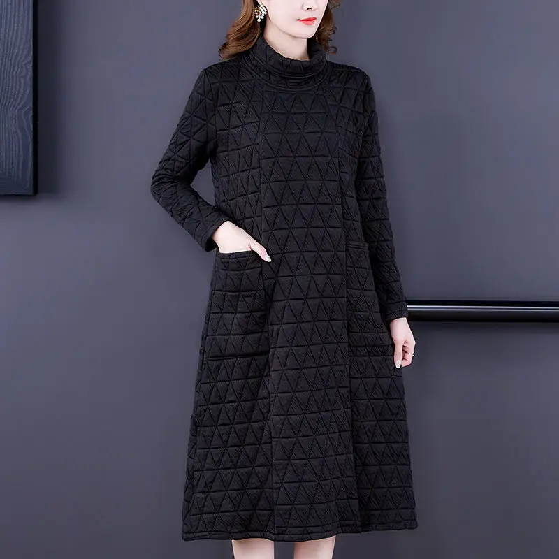 Rhombic Cotton Padded Dress Autumn And Winter Long Sleeve Large Size Medium Length Fashionable Bottomed Dress Quilted Tops T1386