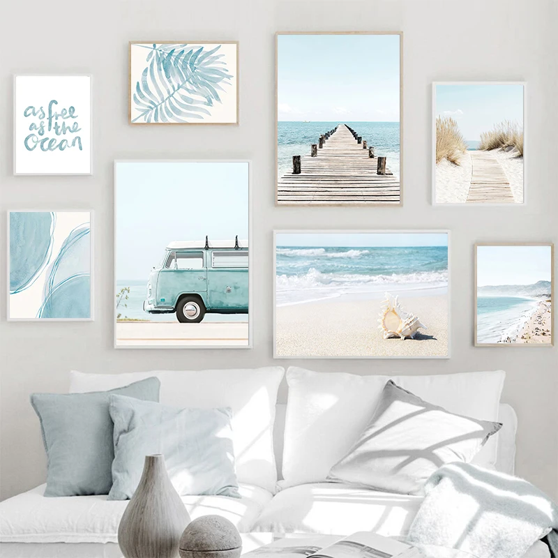 1pc  frameless Canvas Painting Ocean Beach Bridge Wall Art Canvas Paintings Sea Palm Tree Leaves Bus Posters Nordic Living Room