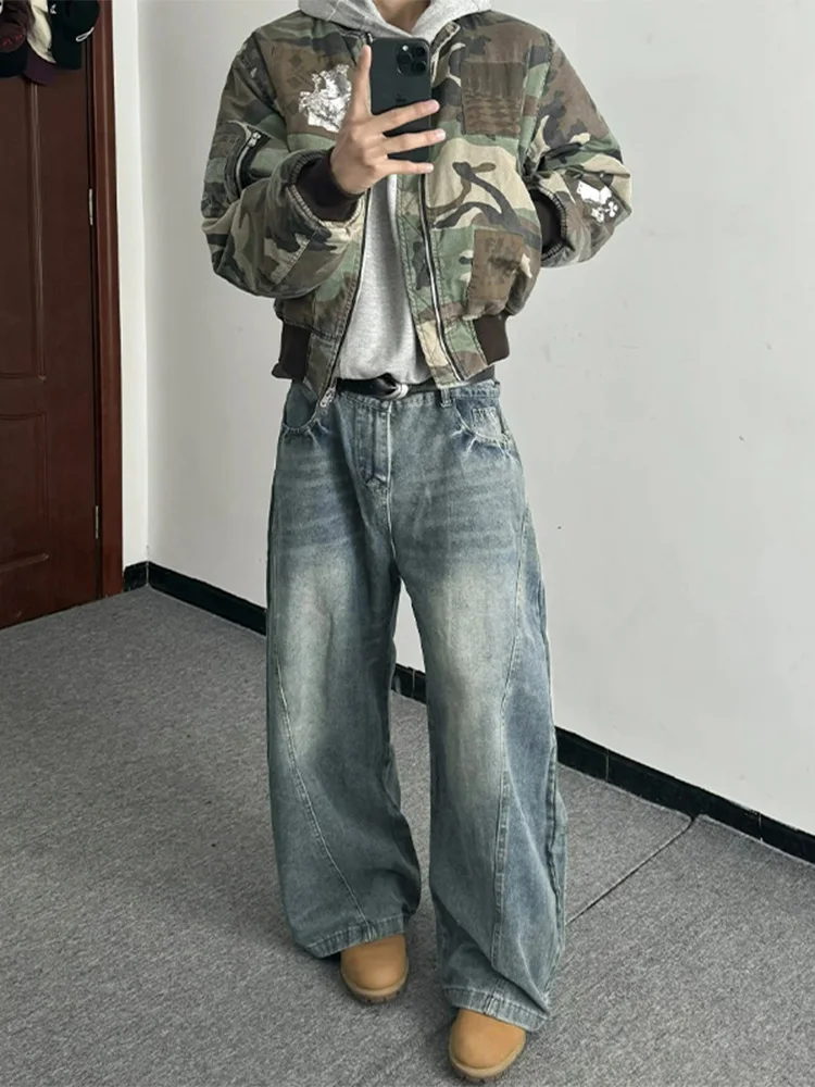 

Ретро американские широкие джинсы прямого кроя, мужские свободные джинсы с завышенной талией, модные осенне-зимние модные хлопковые джинсы...